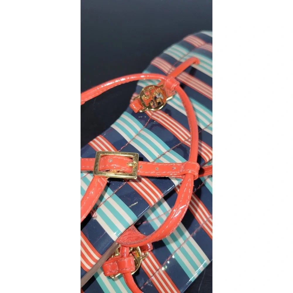 TORY BURCH‎ Sandals Emmy Habanero Stripe Ankle T Strap Buckle Logo Sz 7